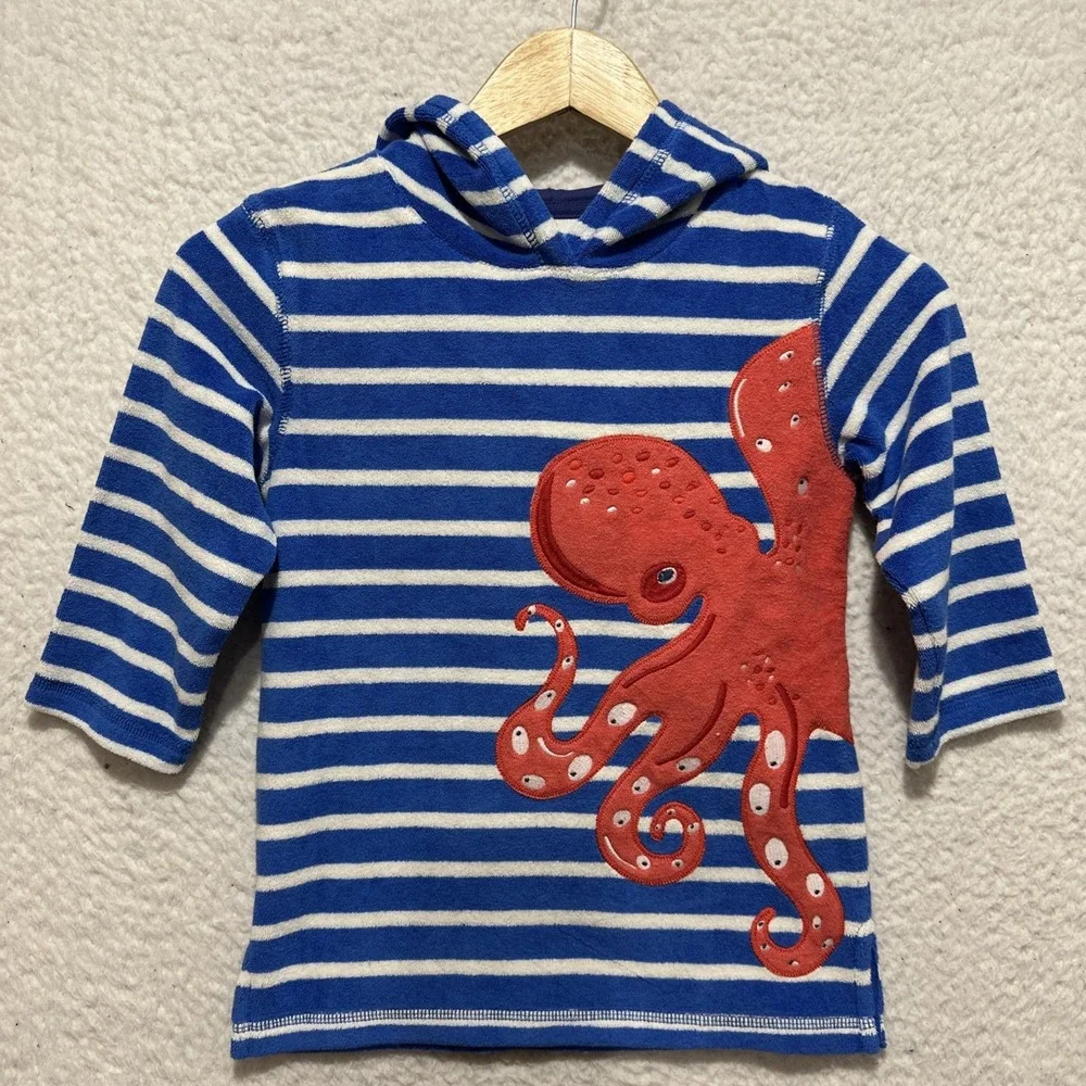 Mini Boden Appliqué Towelling Size 2-3YRS Throw-on Cabana Blue/Ivory Octopus NWT